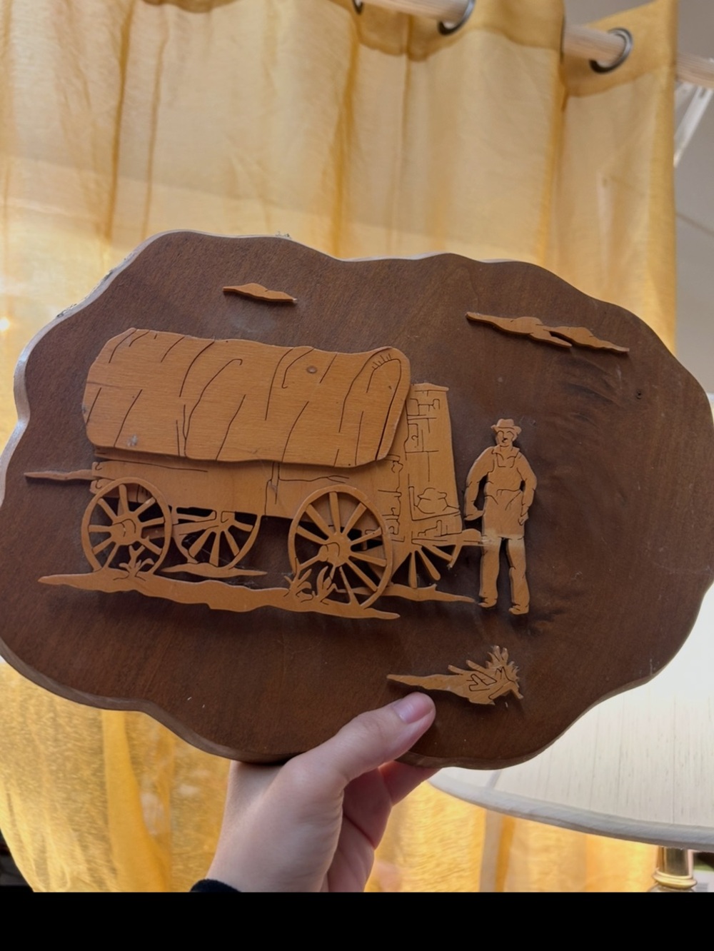vintage mid-century wooden wall art plaque depicting a Western